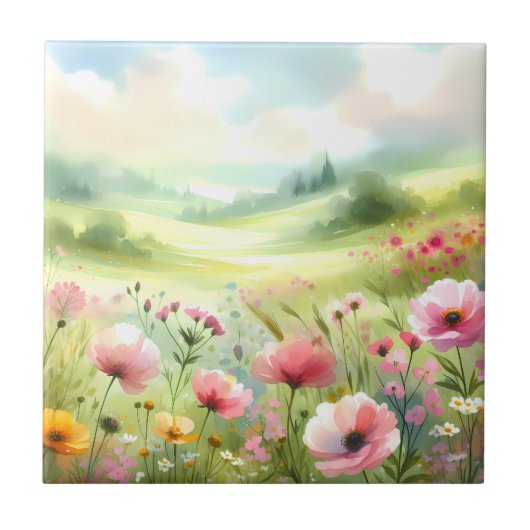 Pastel Wildflower Meadow Landscape Tegeltje (Voorkant)