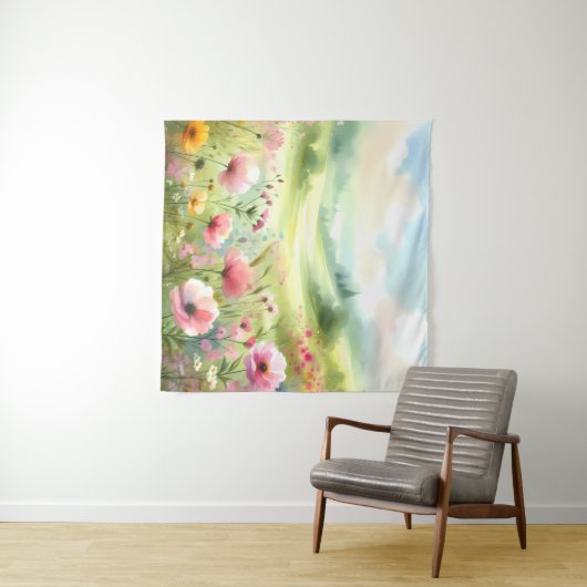 Pastel Wildflower Meadow Landscape Wandkleed (In Situ (horizontaal))
