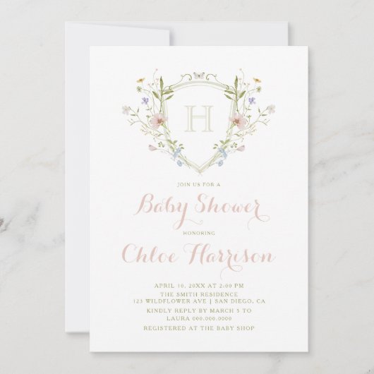 Pastel Wildflower Monogram Crest Baby shower Kaart (Voorkant)