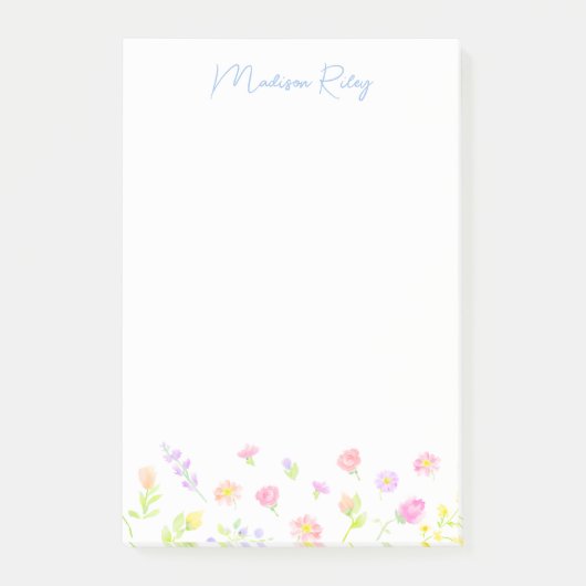Pastel Wildflower Personalized Blue Post-It Notes (Voorkant)