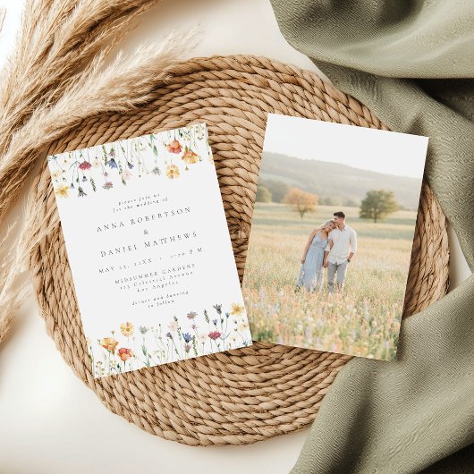 Pastel Wildflower Photo Wedding Invitation Kaart