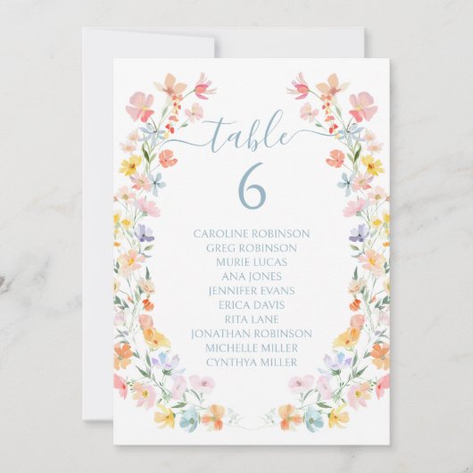 Pastel Wildflower Spring Wedding Table Number Kaart (Voorkant)