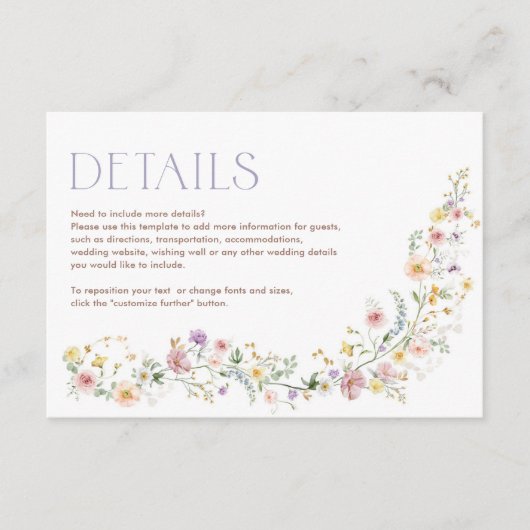 Pastel Wildflower Tuin Bloemen Bruiloft Details Informatiekaartje (Voorkant)