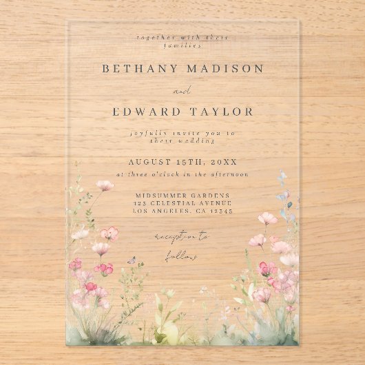 Pastel Wildflower Wedding Acryl Uitnodigingen (Voorkant)