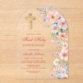 Pastel Wildflowers Arch Eerste Communie Acryl Uitnodigingen (Voorkant)