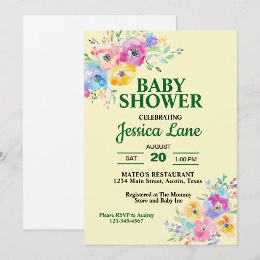 Pastel Wildflowers Baby shower Kaart (Voorkant / Achterkant)