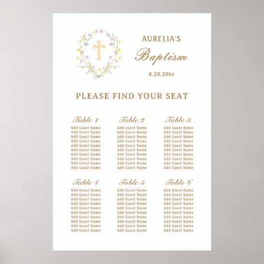 Pastel Wildflowers Baptism Seating Chart Poster (Voorkant)