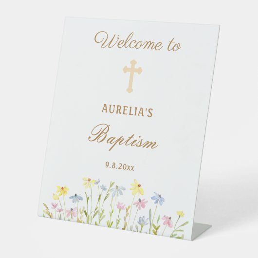 Pastel Wildflowers Doop welkom Reclamebord Met Voetstuk (Voorkant)