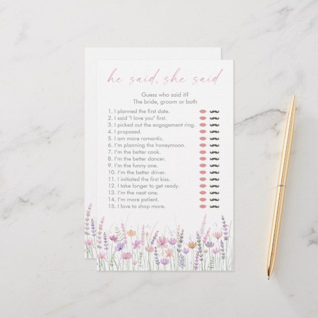Pastel Wildflowers He Said She Said Bridal Game (Voorkant / Achterkant in situ)