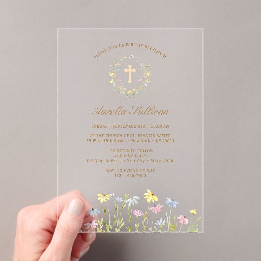 Pastel Wildflowers Krans Doop Acryl Uitnodigingen (Insitu (Draagbaar))
