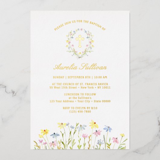 Pastel Wildflowers Krans Doop Folie Uitnodiging (Voorkant)