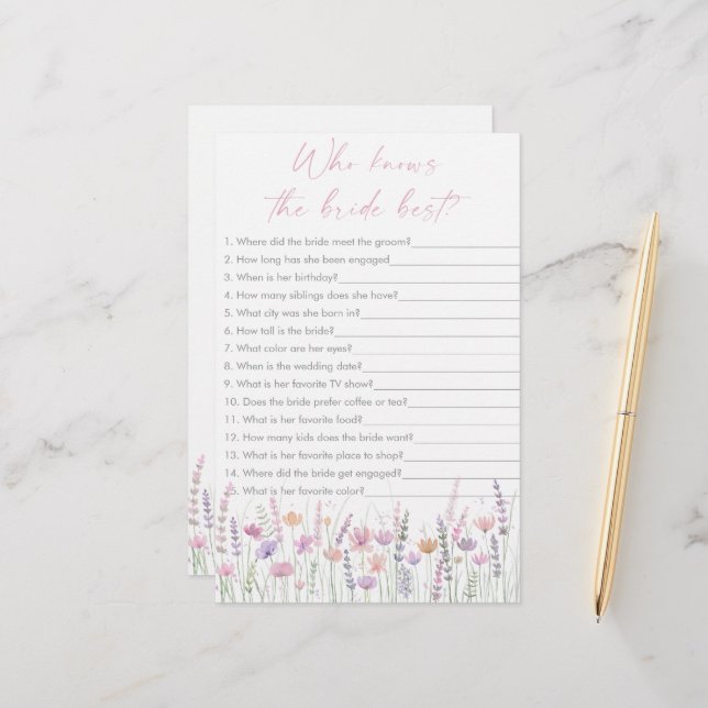 Pastel Wildflowers Who Knows the Bride Best Game (Voorkant / Achterkant in situ)