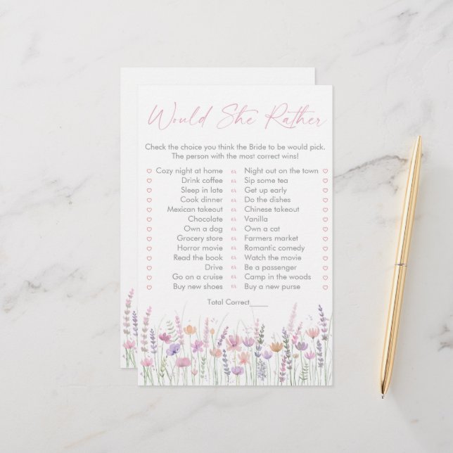 Pastel Wildflowers Would She Rather Bridal Game (Voorkant / Achterkant in situ)