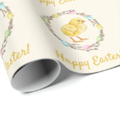 Pastel Willow Wreath And Baby Chick Happy Easter Cadeaupapier (Rol Hoek)