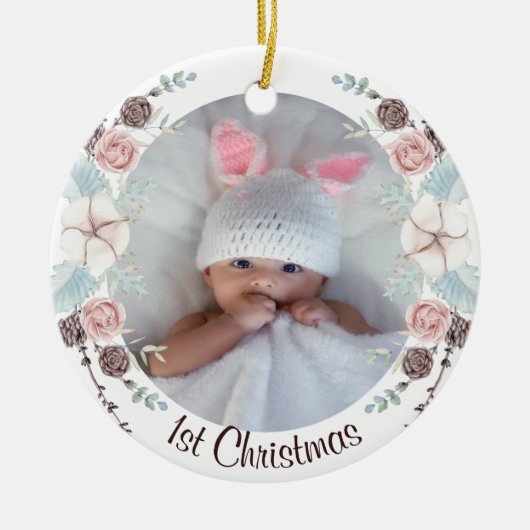 Pastel Winter Floral Babys Eerste Kerstmis Keramisch Ornament (Voorkant)