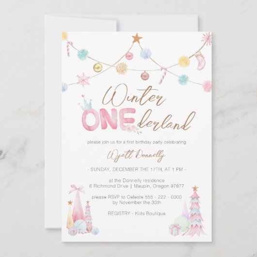 Pastel Winter Onederland Eerste Verjaardagsfeest Kaart (Voorkant)