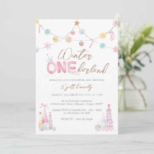 Pastel Winter Onederland Eerste Verjaardagsfeest Kaart (Staand voorkant)