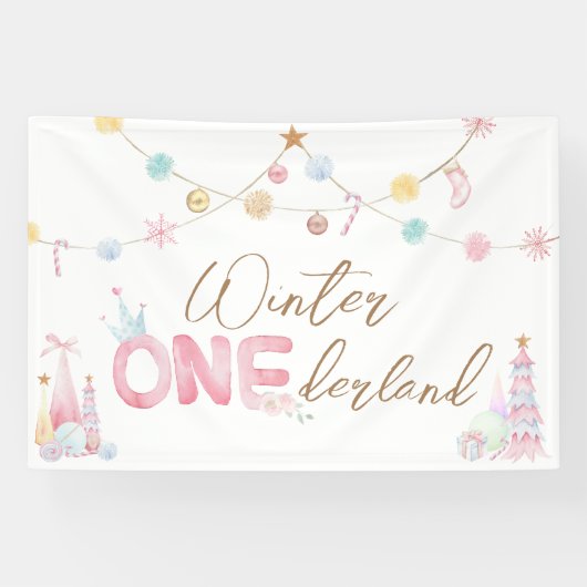 Pastel Winter Onederland Eerste Verjaardagsfeest Spandoek (Horizontaal)