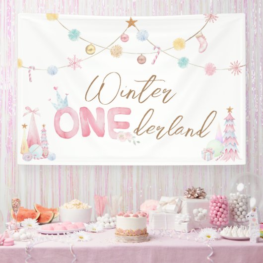 Pastel Winter Onederland Eerste Verjaardagsfeest Spandoek (Feest)