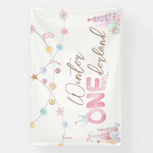 Pastel Winter Onederland Eerste Verjaardagsfeest Spandoek (Verticaal)