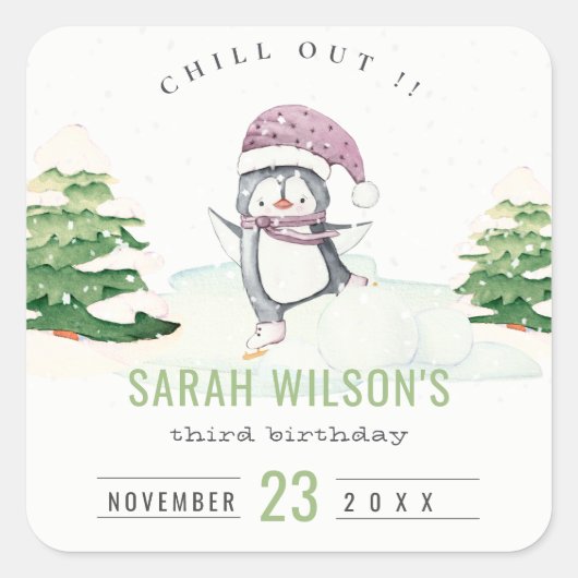 Pastel Winter Penguin Kinder elke zondag Vierkante Sticker (Voorkant)