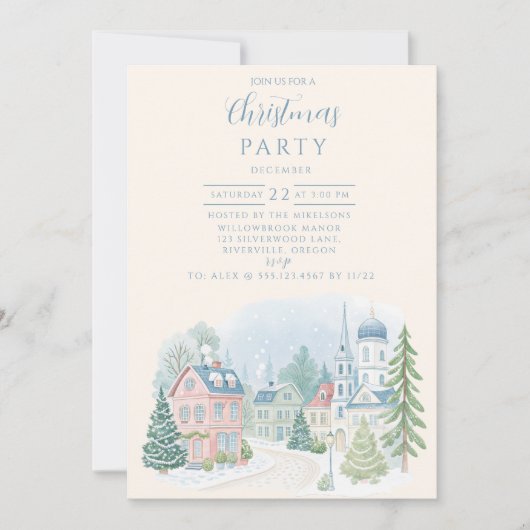Pastel Winter Village Christmas Kaart (Voorkant)