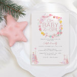 Pastel Winter Wonderland Oh Baby Meisje Douche Kaart<br><div class="desc">Dit Pastel Winter Wonderland Oh Baby Girl Shower Invitation design is een schattig pastelsuiker pruim sprookje, met een strakke minimalistische witte achtergrond voor zwarte en goudbruine tekst met handgeschreven script, waardoor een eenvoudige en neutrale moderne stijl ontstaat. Dit klassieke arrangement is zoet verfraaid met vrolijke feestelijke slingers van kerstversieringen en...</div>
