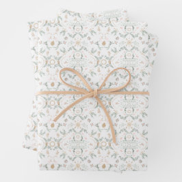  Pastel Wit, Beige & Sage Groen Kerst Inpakpapier Vel