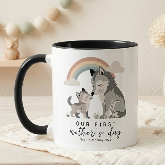 Pastel Wolf Moeder en Jong Eerste Moederdag Regenb Mok