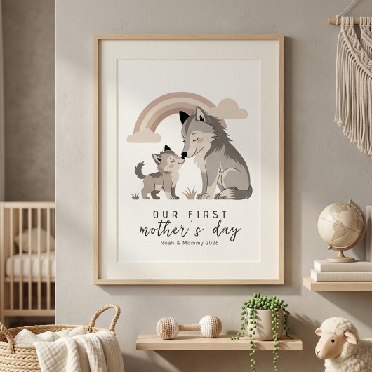 Pastel Wolf Mom Pup First Mother’s Day Nursery Poster