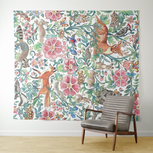 Pastel Woodland Animal Deer Fox Rabbit Groot Wandkleed (In Situ (horizontaal))