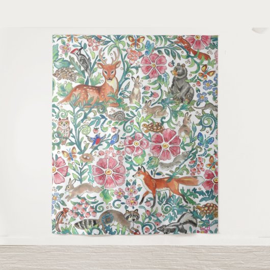 Pastel Woodland Animal Deer Fox Rabbit Groot  Wandkleed (Voorkant)