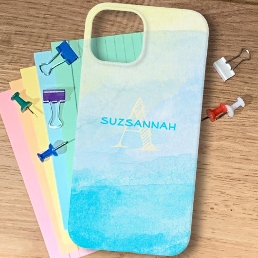 Pastel Yellow Blue Waterverf Monogram Naam Aangepa Case-Mate iPhone Case