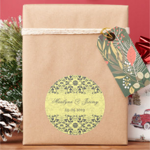 Pastel Yellow  Damask Lace Wedding Favor Ronde Sticker