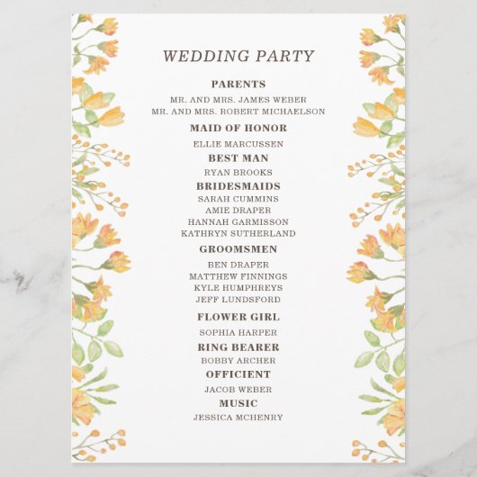 Pastel Yellow Floral 2-zijdig weddenschapsprogramm Programmakaart (Achterkant)