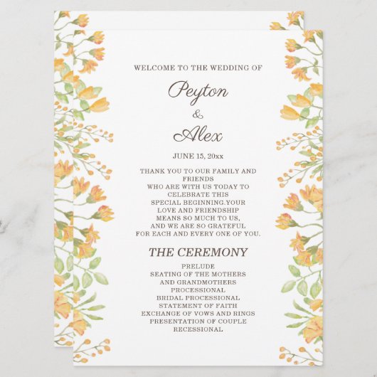 Pastel Yellow Floral 2-zijdig weddenschapsprogramm Programmakaart (Voorkant / Achterkant)