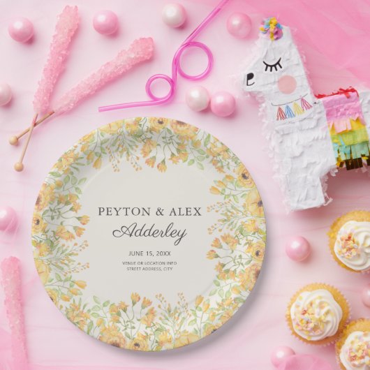 Pastel Yellow Floral Wedding Reception Rehearal Papieren Bordje (Feest)