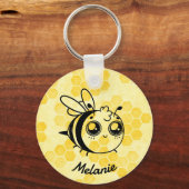 Pastel Yellow Honeycomb and Cute Bee Personalised Sleutelhanger (Voorkant)