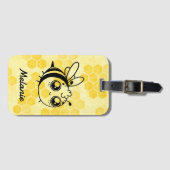 Pastel Yellow Honeycomb Cute Bee Personalised Bagagelabel (Voorkant (horizontaal))