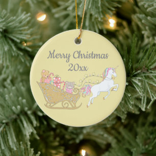 Pastel Yellow Kerstmis Unicorn Santa's Sleigh Keramisch Ornament