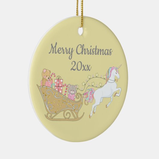 Pastel Yellow Kerstmis Unicorn Santa's Sleigh Keramisch Ornament (Rechts)