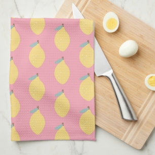 Pastel Yellow Lemons Patroon op roze Theedoek