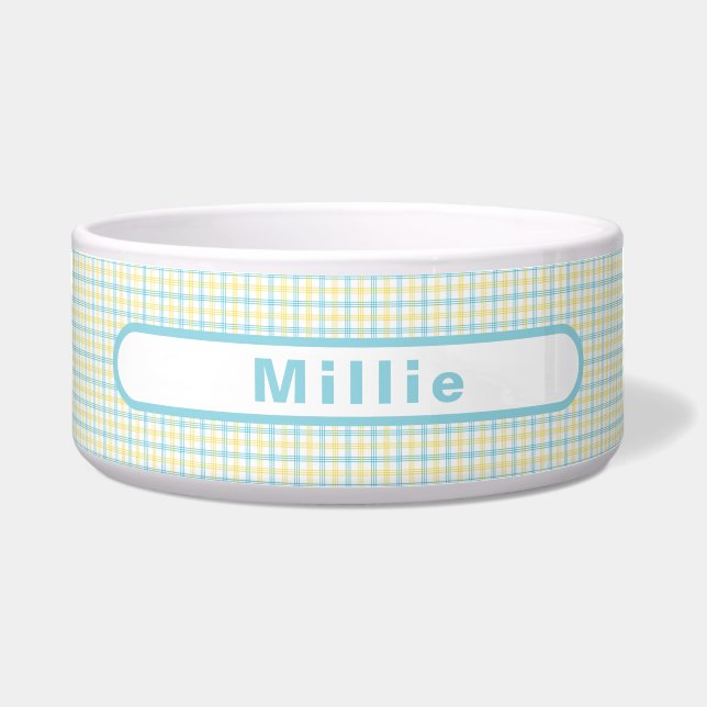 Pastel Yellow Plaid Custom Name Pet Food Water Voerbakje (Voorkant)