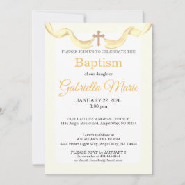 Pastel Yellow Ribbon Cross Watercolor Baptism Kaart