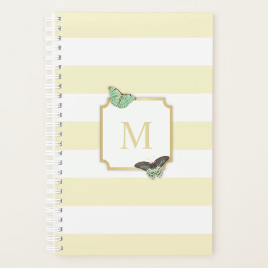 Pastel Yellow Stripes met Butterflies Monogram Planner (Voorkant)