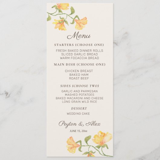 Pastel Yellow Waterverf Floral Weddenschap Recepti Menu (Voorkant)