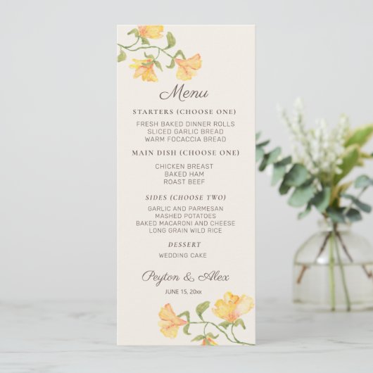 Pastel Yellow Waterverf Floral Weddenschap Recepti Menu (Staand voorkant)