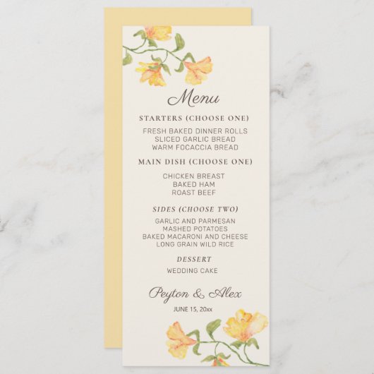 Pastel Yellow Waterverf Floral Weddenschap Recepti Menu (Voorkant / Achterkant)