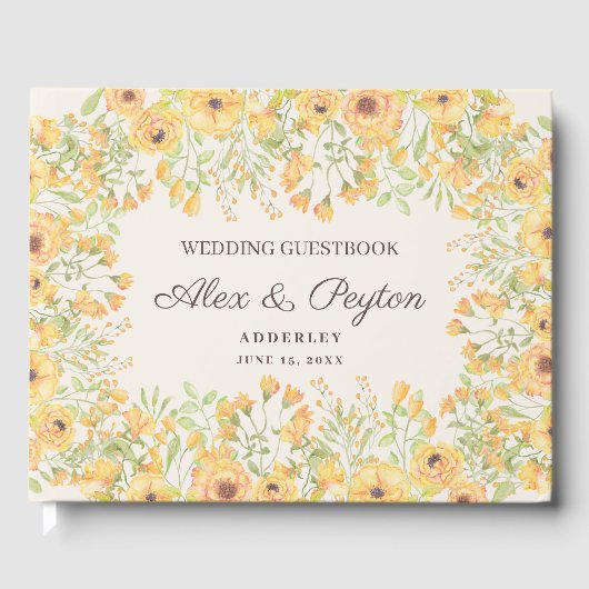 Pastel Yellow Waterverf Floral Wedding Gastenboek (Voorkant)
