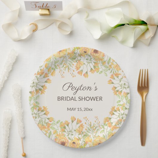 Pastel Yellow Waterverf Flowers Vrijgezellenfeest  Papieren Bordje (Huwelijk)